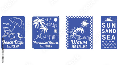 Vector art of collection of blue beach themed designs featuring beach days, paradise beach, waves are calling, sun sand sea, california, palm trees, and beach chairs