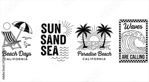Vector art of collection of black and white beach themed designs featuring beach days, paradise beach, waves are calling, sun sand sea, california, palm trees, and beach chairs