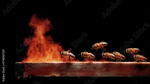 Honey bees escaping fire in dramatic scene