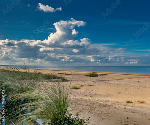Sand dune and shore of the Baltic Sea, people walking and resting in ecologic...
