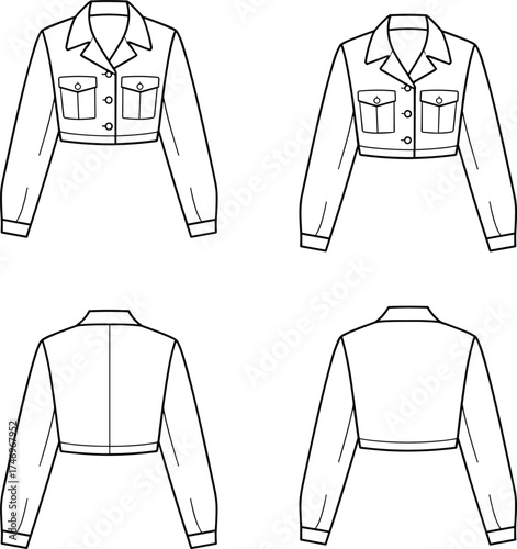 Jacket Cropped Fashion Apparel Garment Outerwear Clothing Illustration Sketch Design Technical Flat Drawing Template Vector Outline Collar Pockets Buttons Cuffs Hem Seam