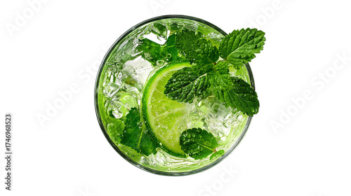 Wallpaper Mural Refreshing lime and mint cocktail with ice cubes, top view, vibrant green colors, summer drink, crystal-clear glass, fresh and cool beverage photography. Torontodigital.ca