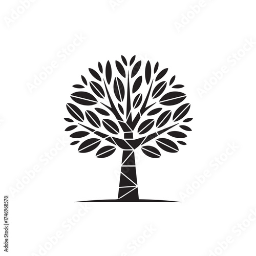 Vector art of stylized black tree with a full canopy of leaves