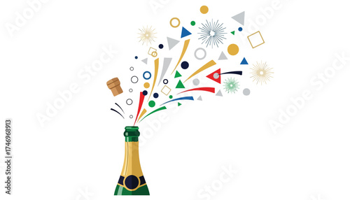 A champagne bottle erupts with colorful confetti and cork, celebrating a festive occasion.