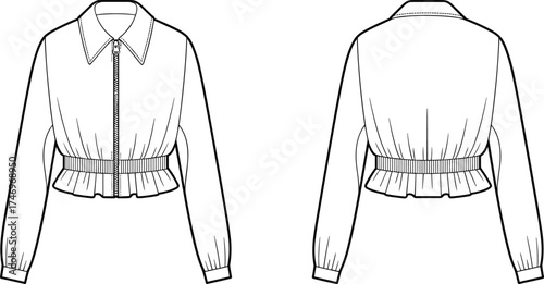 Jacket Cropped Fashion Apparel Garment Outerwear Clothing Illustration Sketch Design Technical Flat Drawing Template Vector Outline Collar Zipper Cuffs Hem Waistband Ruffle
