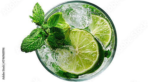 Wallpaper Mural Refreshing lime and mint cocktail with ice cubes, top view, vibrant green colors, summer drink, crystal-clear glass, fresh and cool beverage photography. Torontodigital.ca