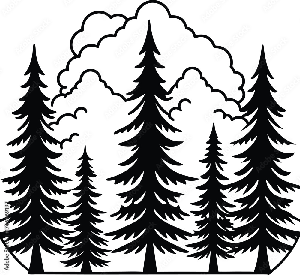 Fototapeta premium Moody pine forest landscape with rising mist evoking a serene and mysterious atmosphere isolated on white background isolated on transparent background
