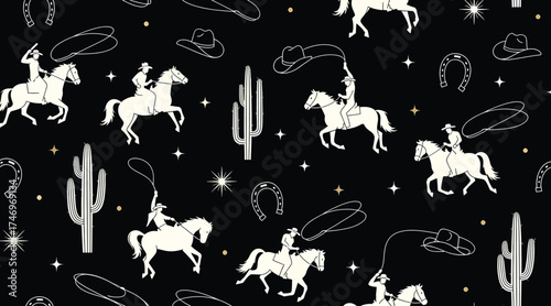 Vector art of seamless pattern with cowboy, horse, horseshoe, cactus, hat and lasso on western theme wild west design vector illustration perfect for textile, wallpaper or print