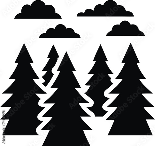 Moody pine forest landscape with rising mist and atmospheric fog isolated on white background isolated on transparent background