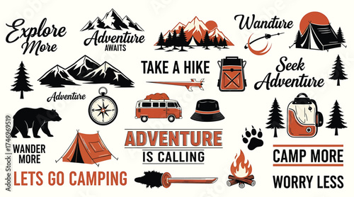Vector art of set of adventure and outdoor recreation vector design elements collection of camping, hiking, and travel icons perfect for logo, tshirt, poster, banner, sticker