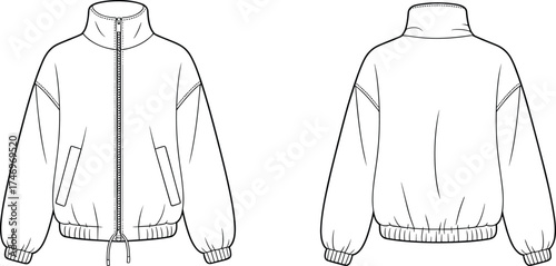Jacket fashion flat sketch with high collar, zipper front, slanted pockets, gathered cuffs and hem, front and back apparel illustration