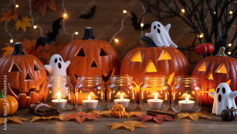 Obraz premium Glowing jack-o’-lanterns with candles, surrounded by ghost decorations, autumn leaves, and fairy lights, creating a festive and spooky Halloween atmosphere indoors.