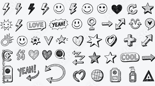 Vector art of handdrawn doodle icon set featuring various symbols like lightning bolts, smileys, hearts, stars, arrows, and speech bubbles, perfect for adding a playful touch to designs