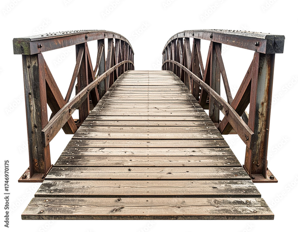 Fototapeta premium Rustic Wooden Bridge with Industrial Metal Supports