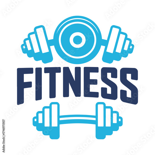 Dark blue and light blue fitness dumbbells and text logo workout exercise