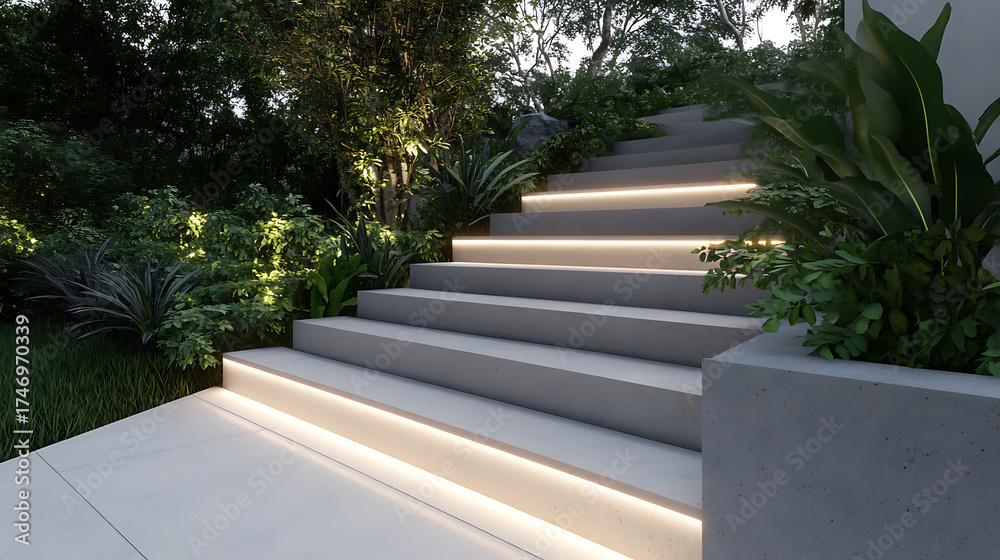 Fototapeta premium Outdoor stairway with integrated lighting, set amidst lush greenery. Modern design meets nature. Path illuminated by subtle, elegant lights.