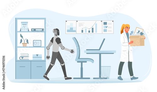 Robot replacing human worker in office setting, symbolizing automation and workforce changes