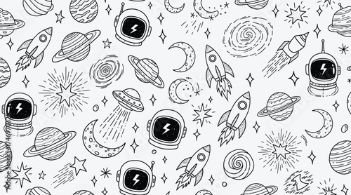 Vector art of seamless pattern with space elements hand drawn vector illustration with rocket, planet, star, astronaut helmet, ufo, galaxy, comet, moon, meteorite and satellite