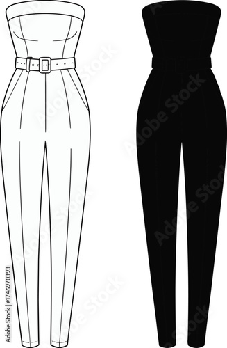 Jumpsuit Strapless Belted Buckle Pleated Tapered Pants Apparel Clothing Fashion Outfit Garment Textile Illustration Drawing Design Casual Women Stylish Modern Elegant Tailored Chic