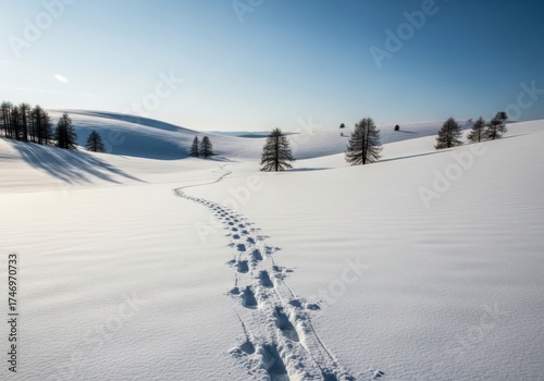 Footprints in the snow leading through rolling hills