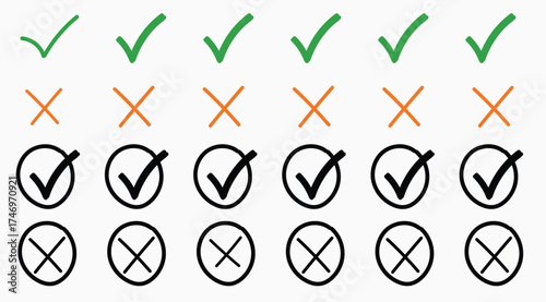 Collection of hand drawn checkmarks and crosses in green orange and black circles for voting and decision making