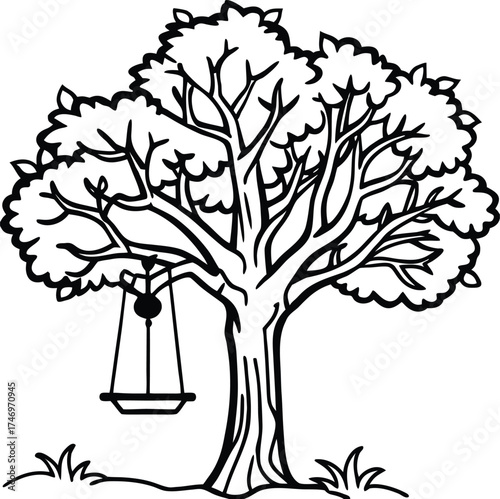 Charming cartoon tree with a wooden swing hanging from a branch for children s play isolated on white background isolated on transparent background