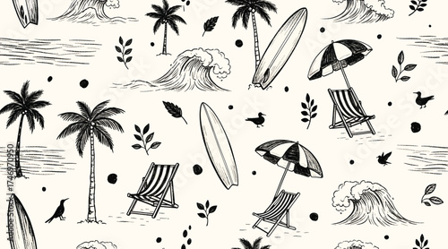 Vector art of a seamless beach pattern featuring palm trees, surfboards, and waves, perfect for a summer vibe and tropical themes, evoking a sense of relaxation and vacation