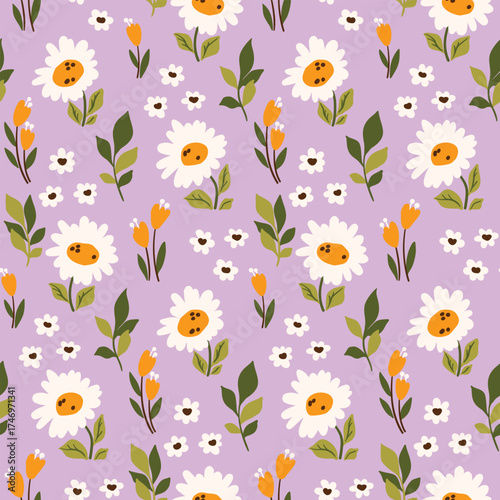 Seamless floral pattern, pretty ditsy print of large cute chamomiles. Children's motif botanical design of hand drawn cartoon plants, daisy flowers, leaves repeated on a lilac. Vector illustration.