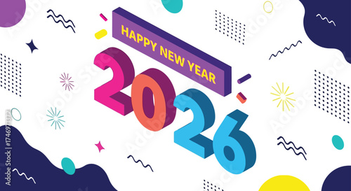 Vibrant 3d 2026 typography with festive abstract shapes and confetti vector