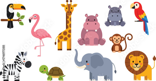 Cute jungle animals collection safari wildlife illustration vector graphic vector
