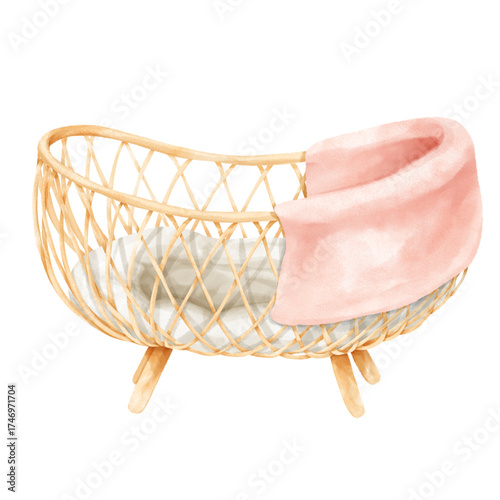 Watercolor Rattan Bassinet illustration⁠
