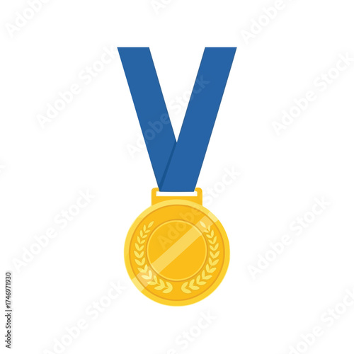 Golden medal with blue ribbon award winner champion prize victory vector