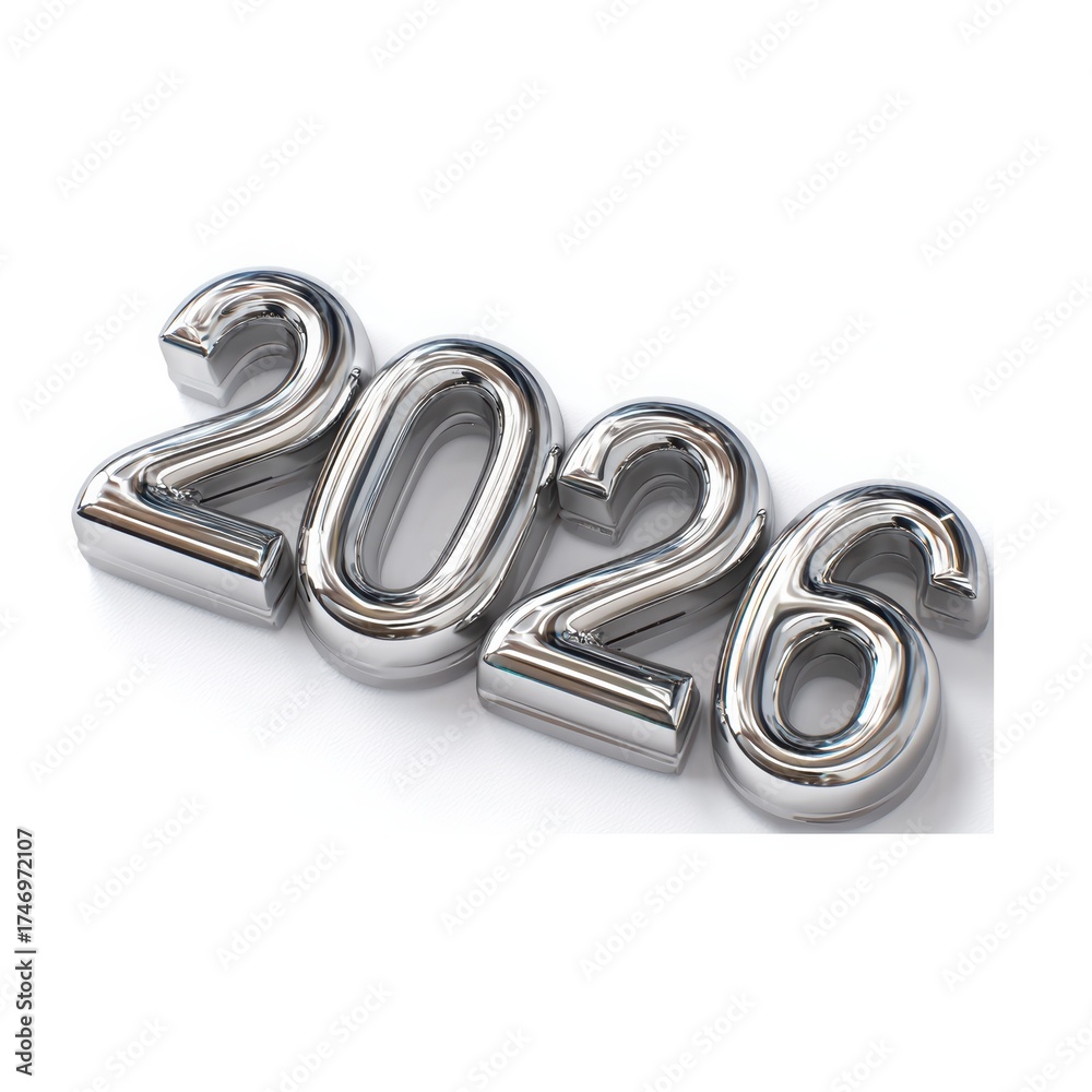 Fototapeta premium New Year's Metallic: The new year 2026 is displayed by three-dimensional metallic numbers, with a futuristic look and design. The shiny figures symbolize anticipation and hope.