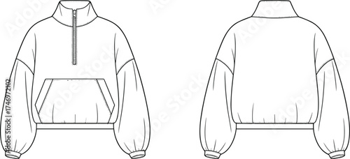 Pullover Cropped Longsleeve Fashion Apparel Garment Clothing Outerwear Illustration Sketch Design Technical Flat Drawing Template Vector Outline Collar Zipper Pocket Cuffs Hem Elastic