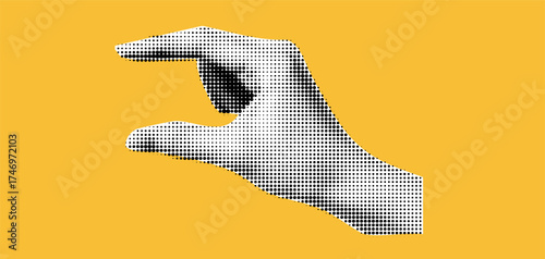 A hand collage holding a card with a halftone and yellow design for a woman or retro pop art poster element.