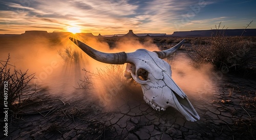 Dramatic desert landscape with sun setting and longhorn skull foreground