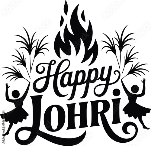 Happy Lohri Festival Bonfire Celebration with Dancing Figures .
