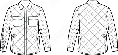 Quilted collared jacket flat sketch with button front, flap chest pockets, side pockets, diamond stitching, front and back apparel illustration