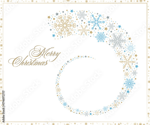 Christmas illustration. swirling streams of snowflakes with Merry Christmas greeting in elegant gold script. Festive Christmas cards, invitations, or website banners.