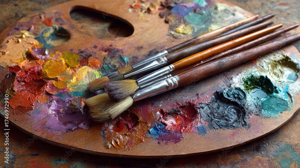 Fototapeta premium Artist’s painting palette with brushes, symbolizing hobby, art therapy, and craft.