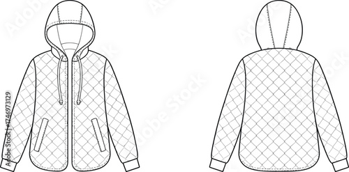 Quilted hooded jacket flat sketch with diamond stitching, zipper front, zip pockets, ribbed cuffs and hem, front and back illustration