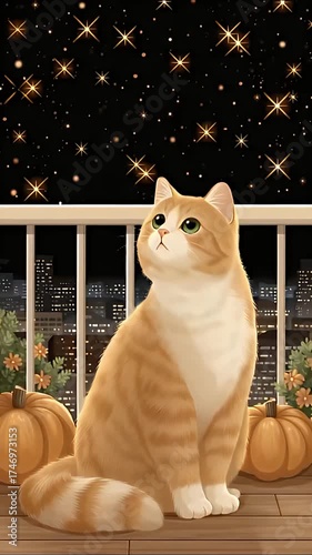 Golden cat sitting on balcony looking at starry night sky with pumpkins city lights cozy autumn orange tabby soft fur warm light floral scene under sparkling stars and gentle skyline ambiance