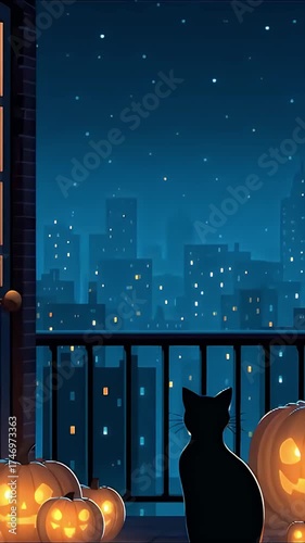 Black cat silhouette on balcony with glowing carved pumpkin jack o lanterns under starry city skyline night, cozy spooky autumn evening atmosphere watching city lights