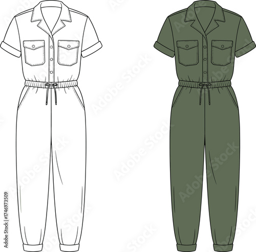 Short sleeve jumpsuit fashion illustration with collar, button front, chest pockets, drawstring waist, tapered cuffed legs for apparel design catalog