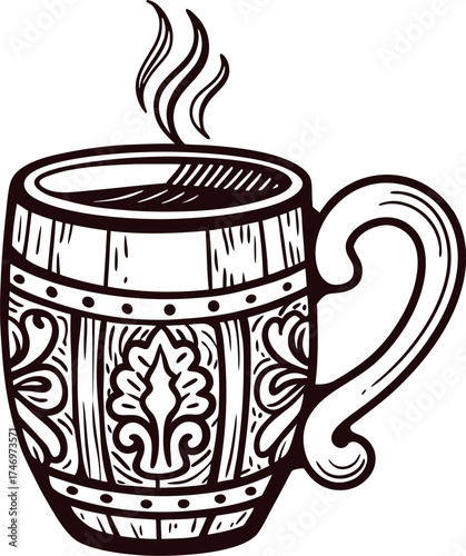 Vintage engraved illustration of a wooden mug with ornate patterns and steam rising from hot beverage