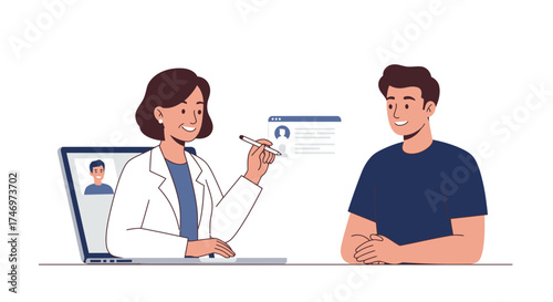 Caring doctor consults with young man through telehealth on a laptop screen, bringing personalized healthcare directly to patients in a modern way