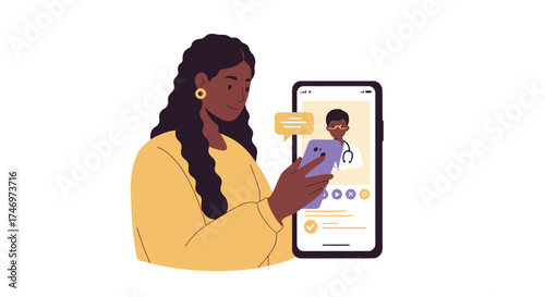 Convenient telemedicine consultation on her smartphone with a friendly doctor, connecting remotely for health advice and personalized care from anywhere