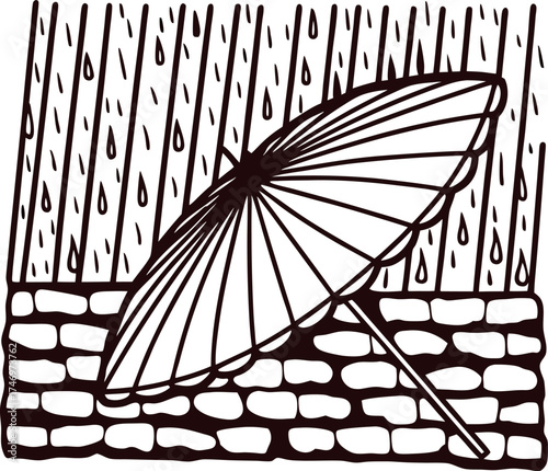 Traditional hand drawn umbrella on cobblestone street with falling rain vintage black and white sketch illustration