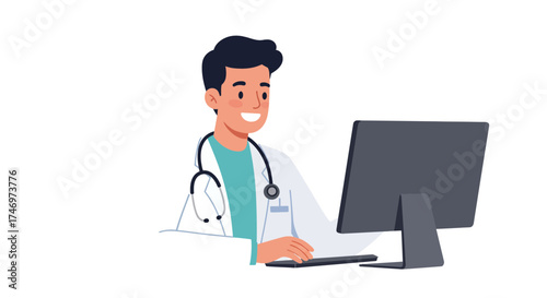 Friendly doctor using computer for telehealth, providing expert medical advice and online consultation, offering accessible healthcare solutions online now
