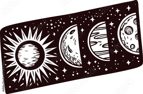 Celestial bodies in woodcut featuring sun, moon phases, planets, and stars in cosmic black and white illustration